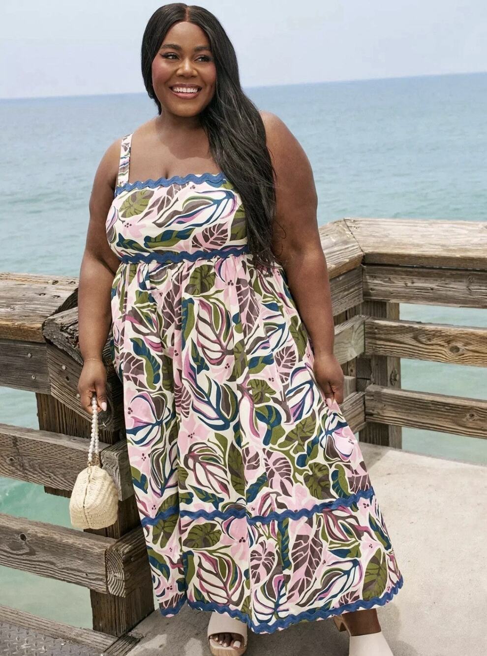 Belle Isle X Torrid Pink Green Tropical Leaf Print Babydoll Maxi Dress M/10